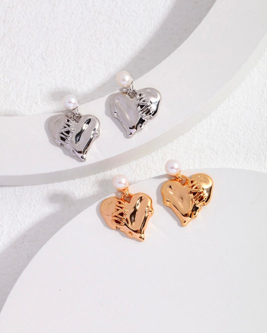 18K Gold Plated Vermeil Heart Stitching Pearl Earrings