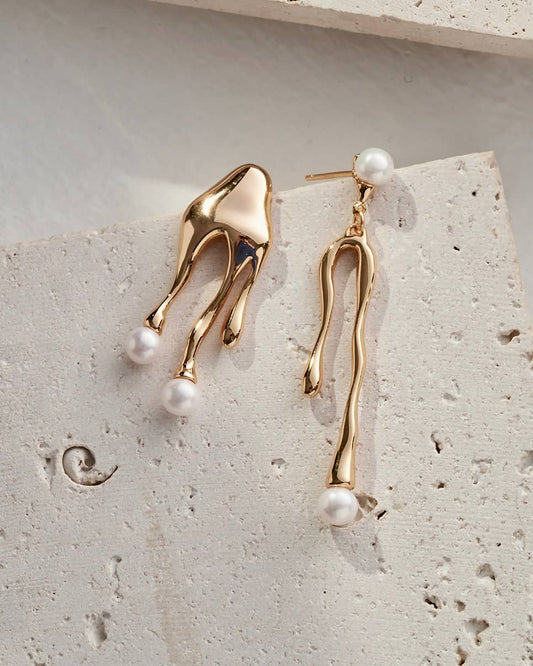 18K Gold Plated Vermeil Asymmetrical Pearl Earrings
