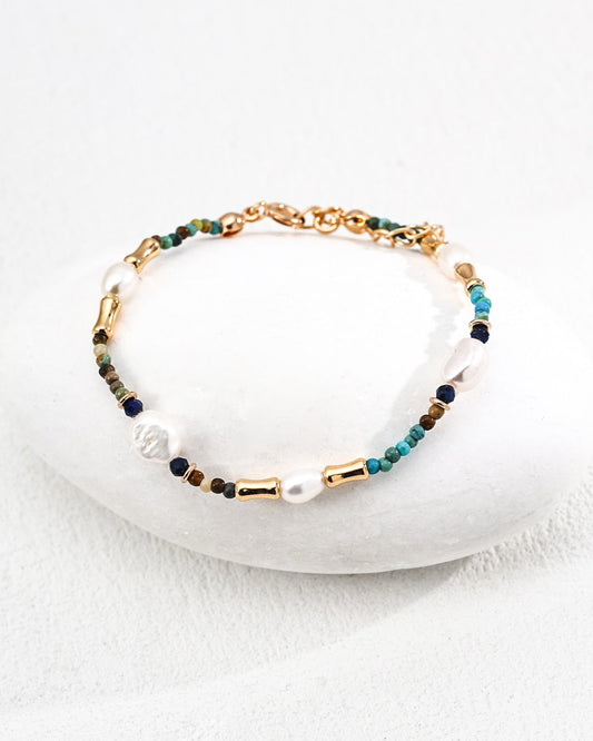 Golden Muse Gemstone Bracelet | Lapis, Pearl & Turquoise Harmony