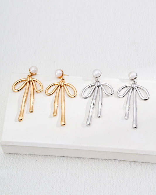 Bow-Inspired Pearl Drop Earrings | Sculptural Elegance in Gold Vermeil & Silver