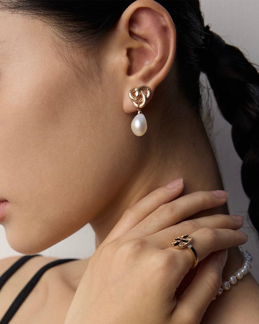 Serpentine Baroque Pearl Earrings | Sculptural Mystery in Vintage Gold