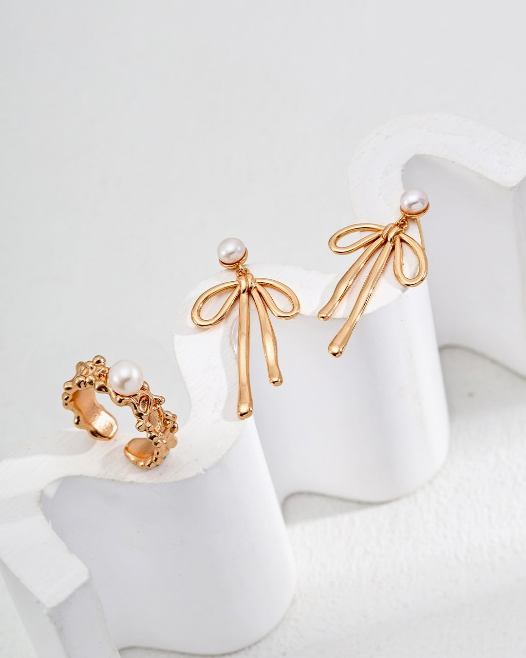 Bow-Inspired Pearl Drop Earrings | Sculptural Elegance in Gold Vermeil & Silver