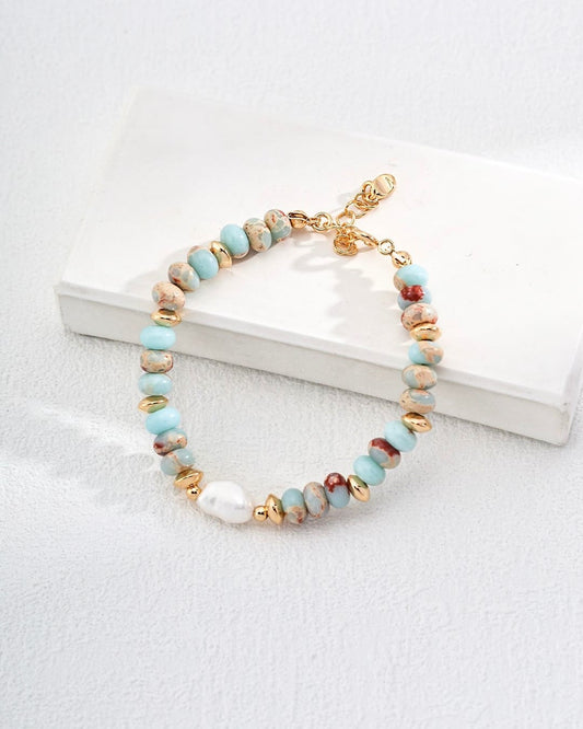 Natural Stone & Pearl Bracelet | Marbled Serenity in Gold-Tone Finish