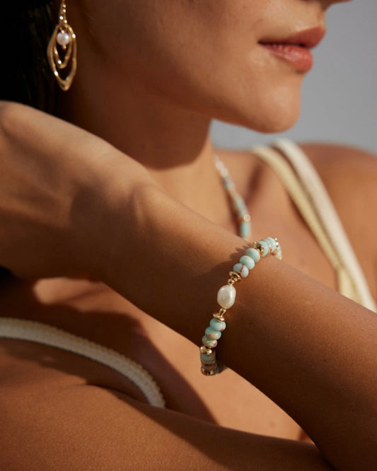 Natural Stone & Pearl Bracelet | Marbled Serenity in Gold-Tone Finish