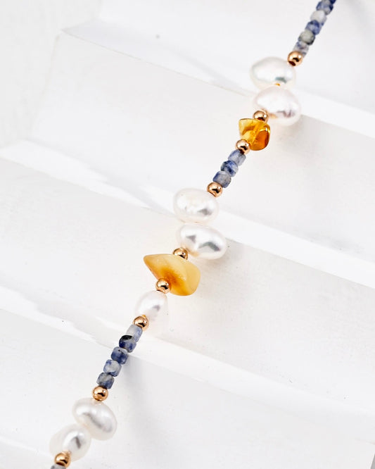 Natural Pearl & Blue Spot Stone Necklace | Gold Vermeil Honeystone Beaded Design