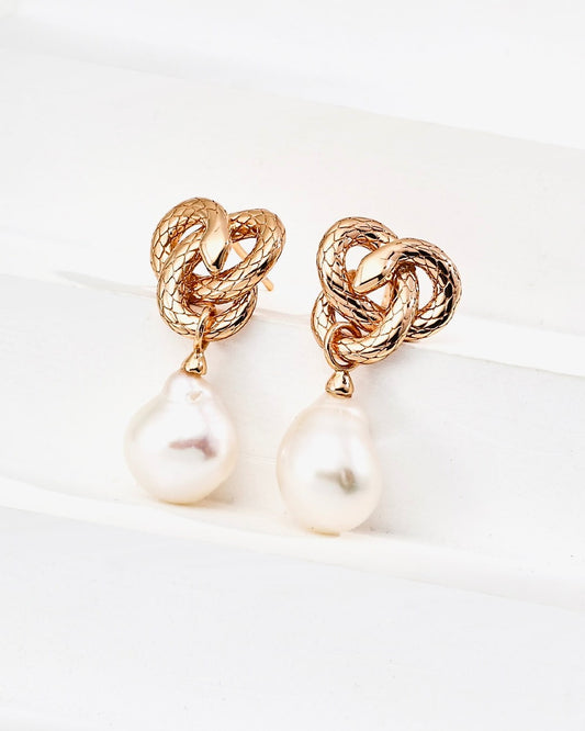 Serpentine Baroque Pearl Earrings | Sculptural Mystery in Vintage Gold
