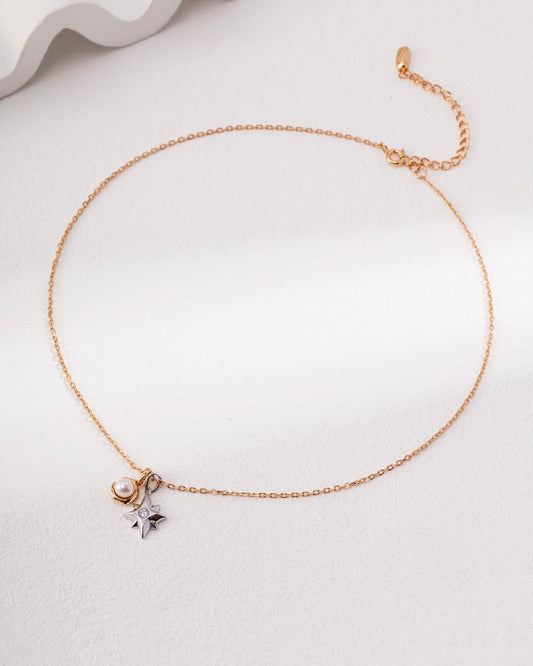 18K Gold Plated Vermeil Natural Pearl Gemini Star-Moon Necklace