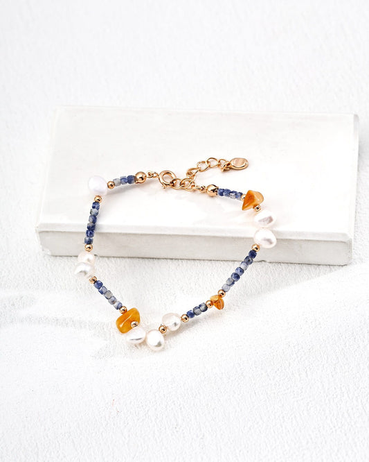 Natural Pearl & Blue Spot Stone Bracelet | Gold Vermeil Honeystone Beaded Design