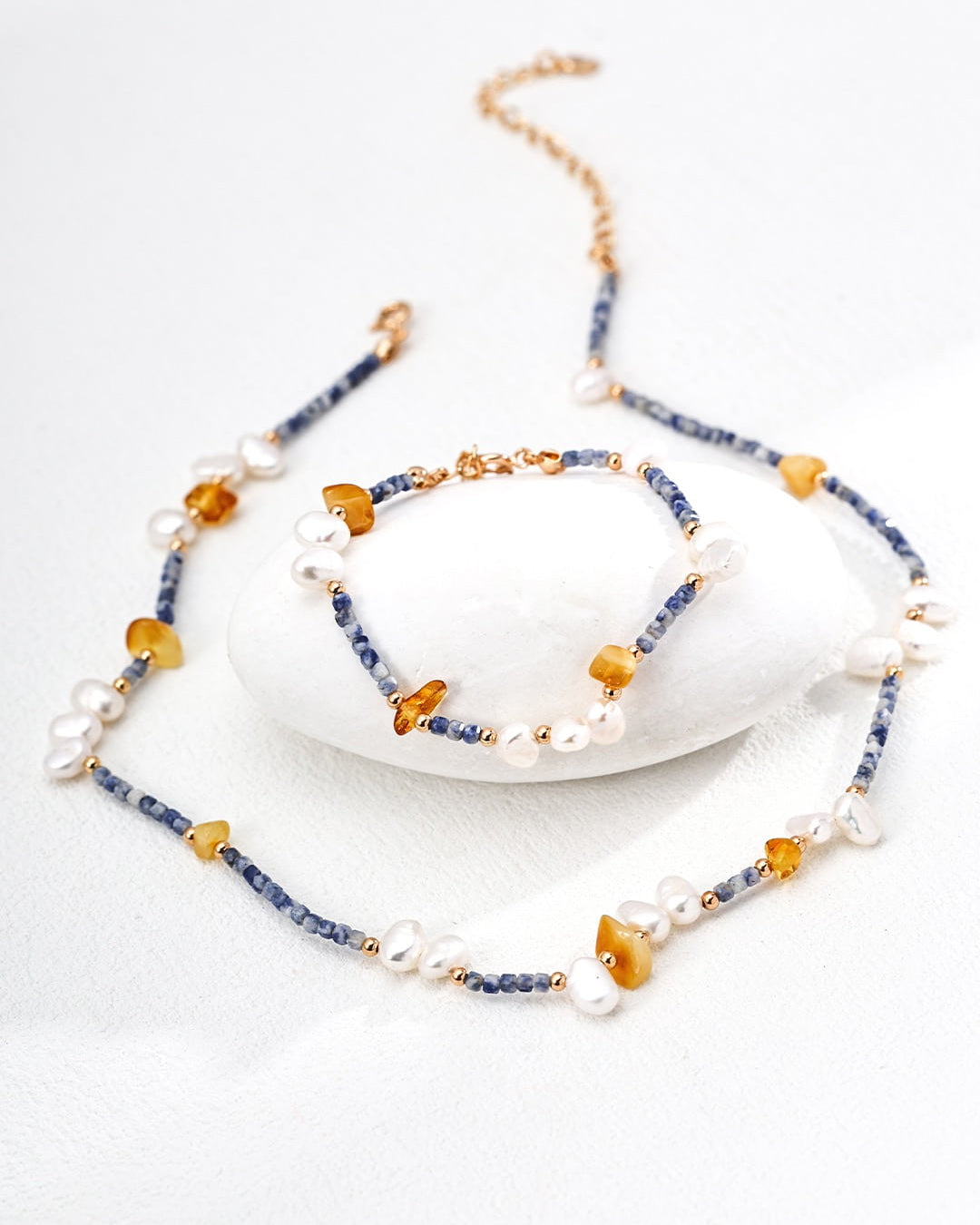 Natural Pearl & Blue Spot Stone Bracelet | Gold Vermeil Honeystone Beaded Design