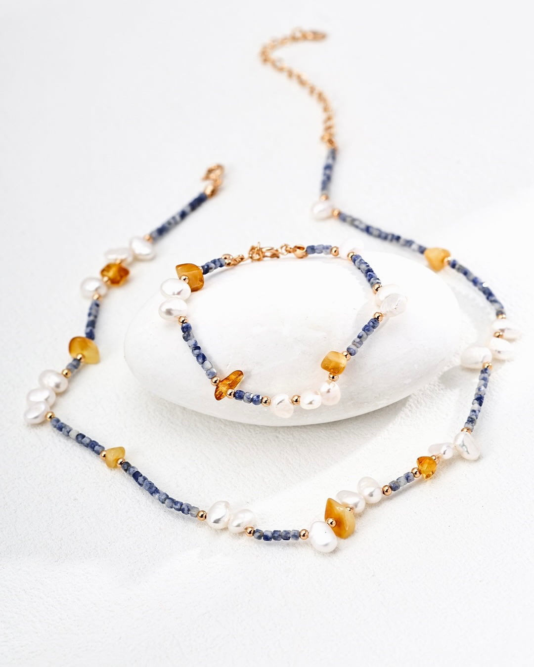 Natural Pearl & Blue Spot Stone Necklace | Gold Vermeil Honeystone Beaded Design