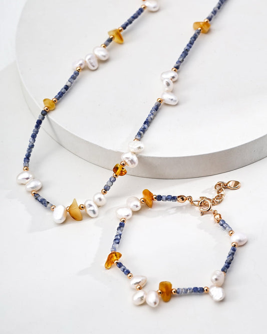 Natural Pearl & Blue Spot Stone Bracelet | Gold Vermeil Honeystone Beaded Design